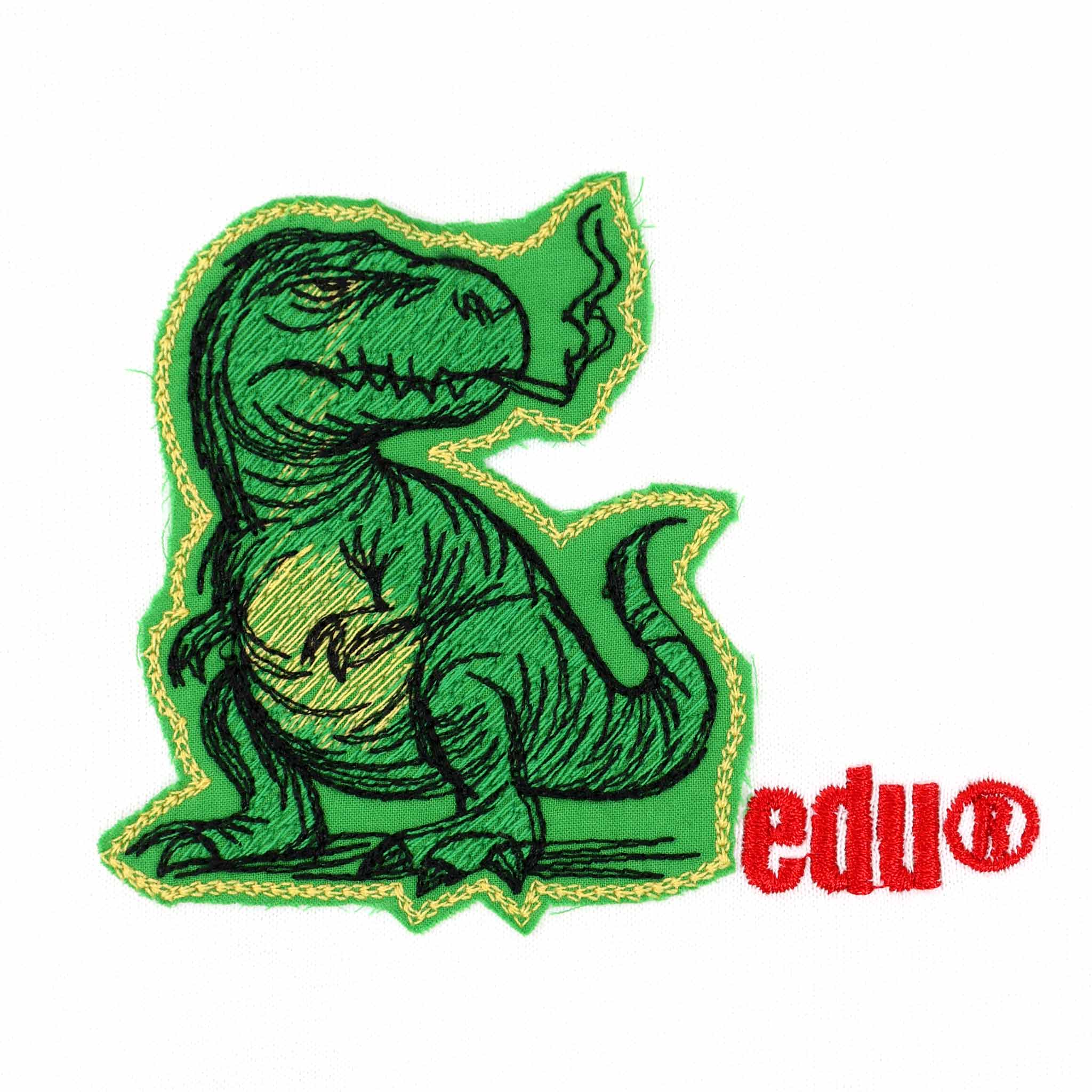 Green dinosaur patch with "edu" text.