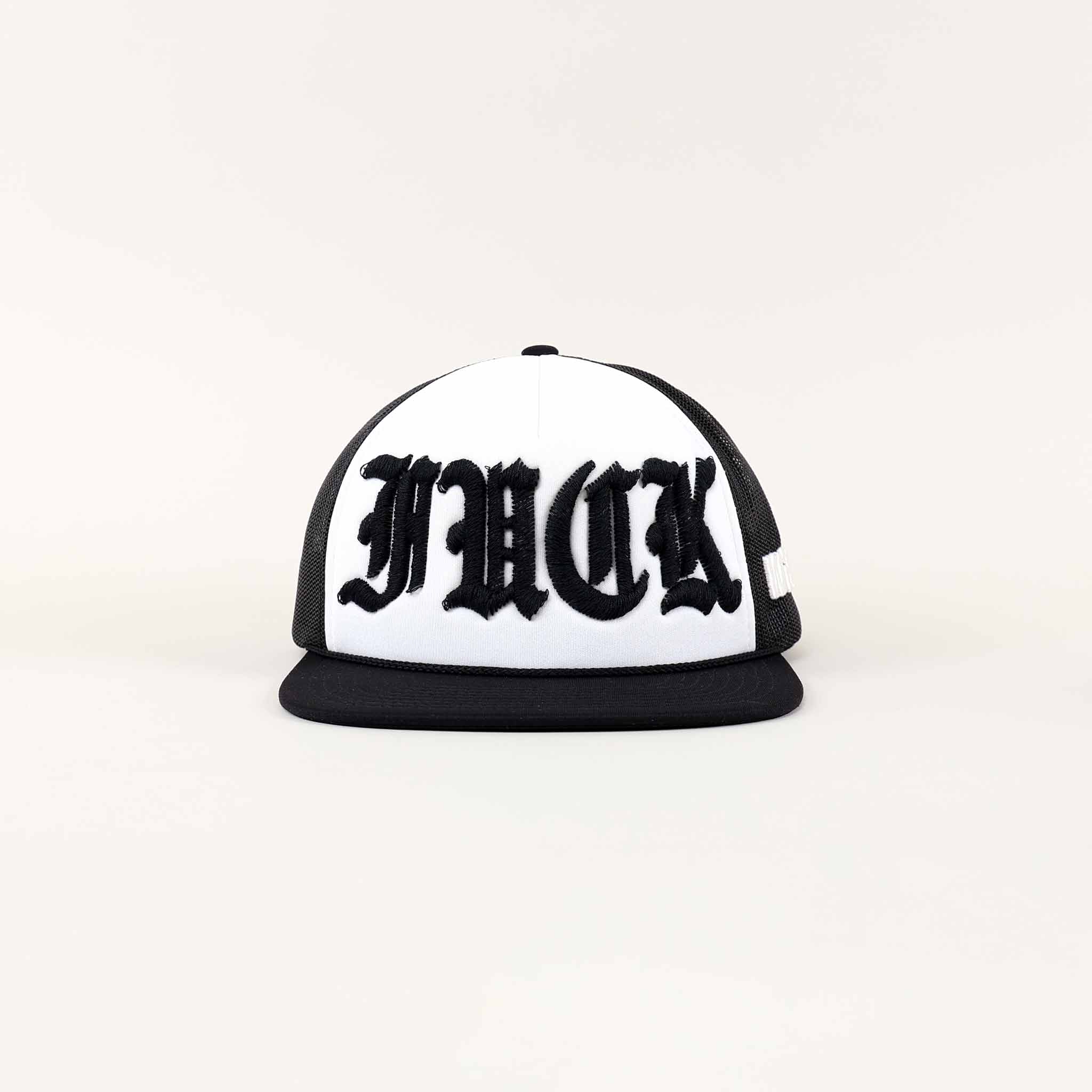 Black and white cap with bold lettering.