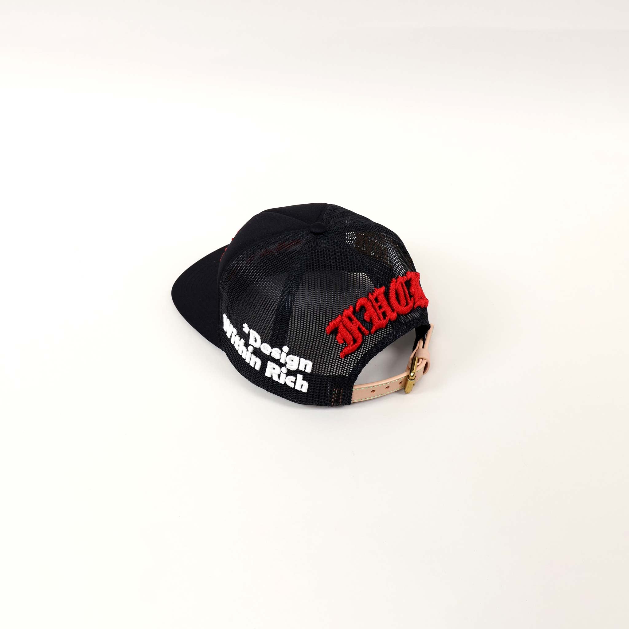 Black mesh cap with red and white text.