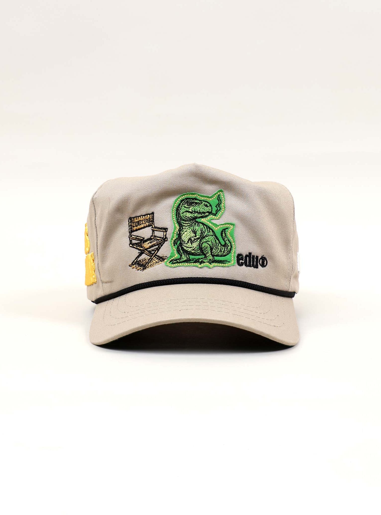 Gray cap with green crocodile and director's chair.