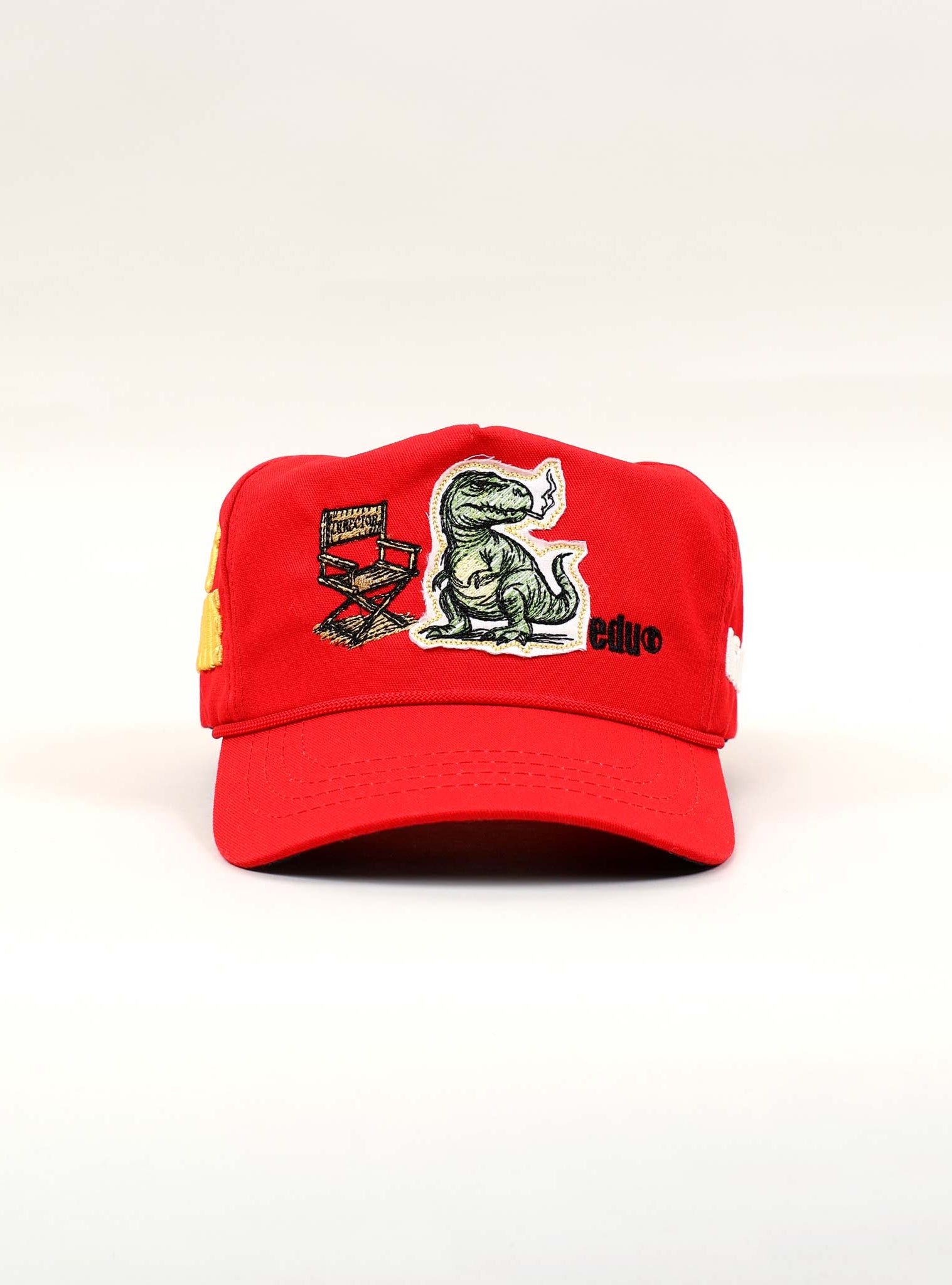 Red cap with dinosaur and educational patches.