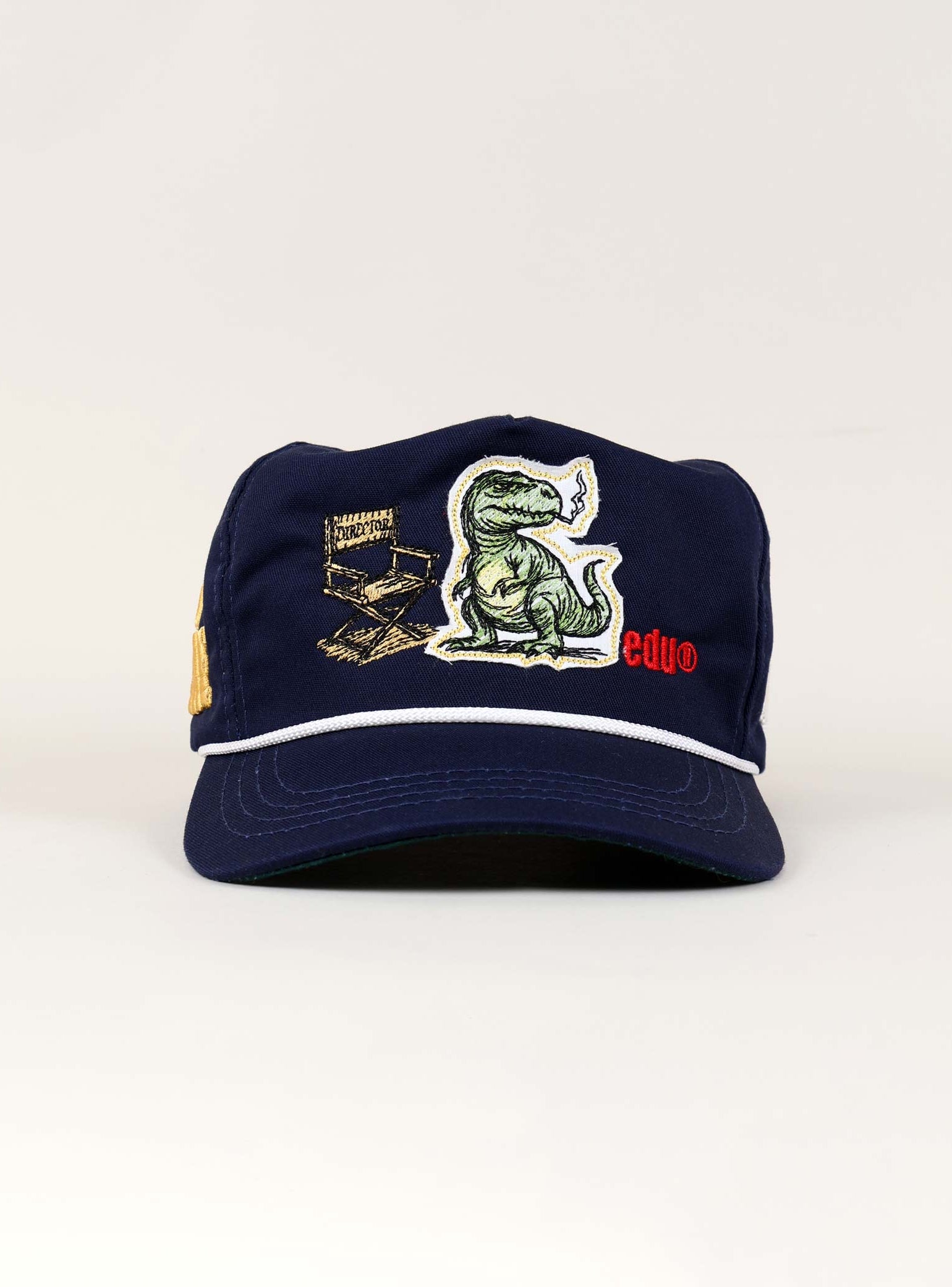Navy cap with dinosaur and educational graphics.