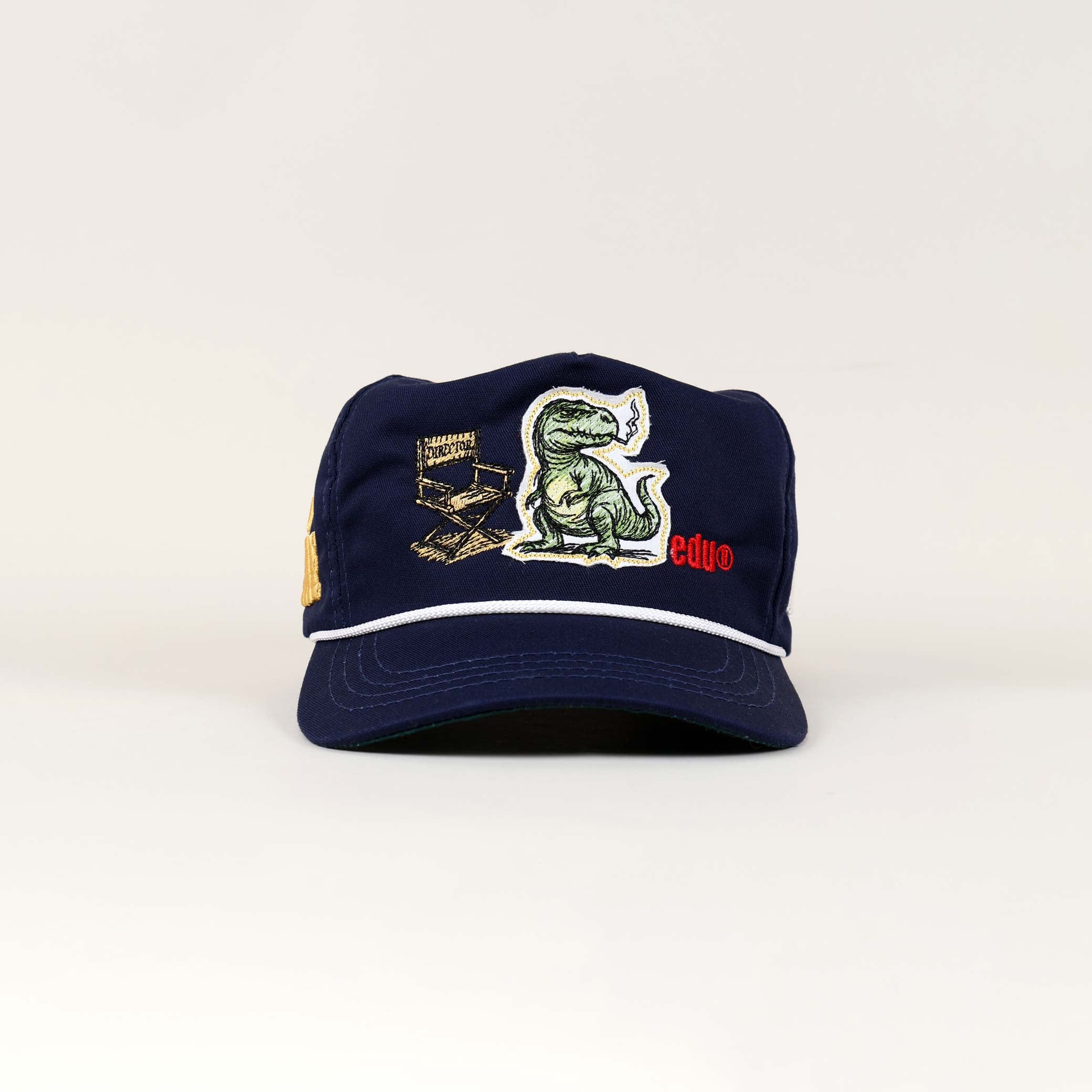 Navy cap with dinosaur and educational graphics.