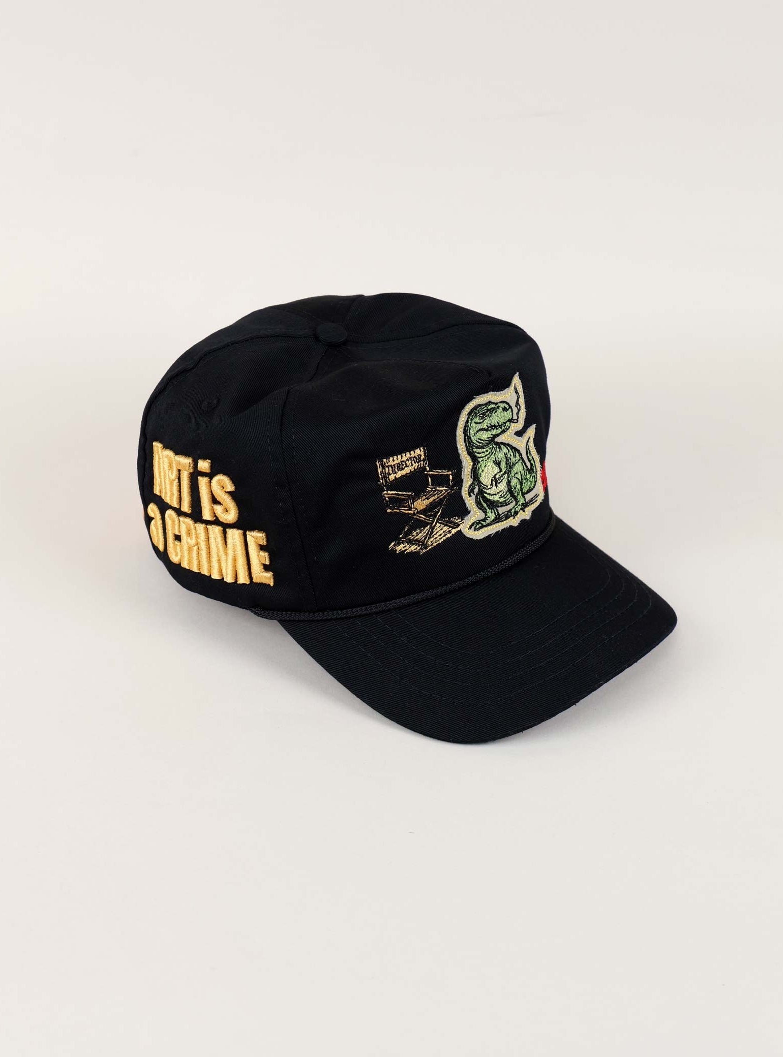 Black cap with dinosaur and text embroidery.