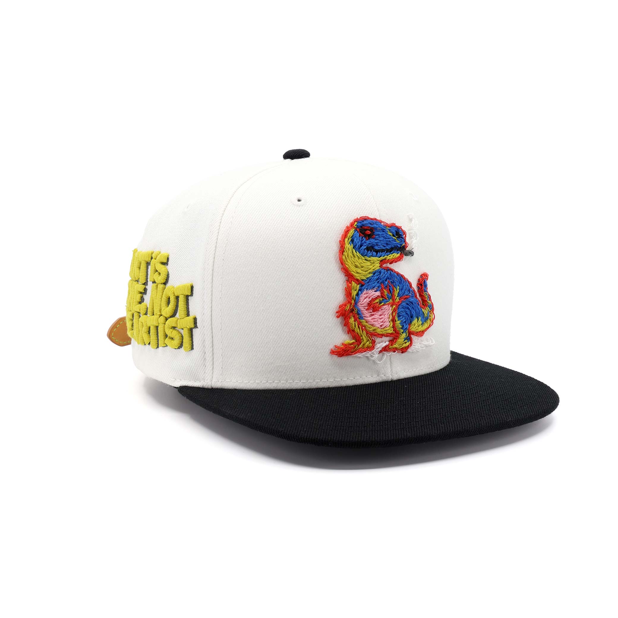 Cap with colorful embroidered lizard design and text on a white background