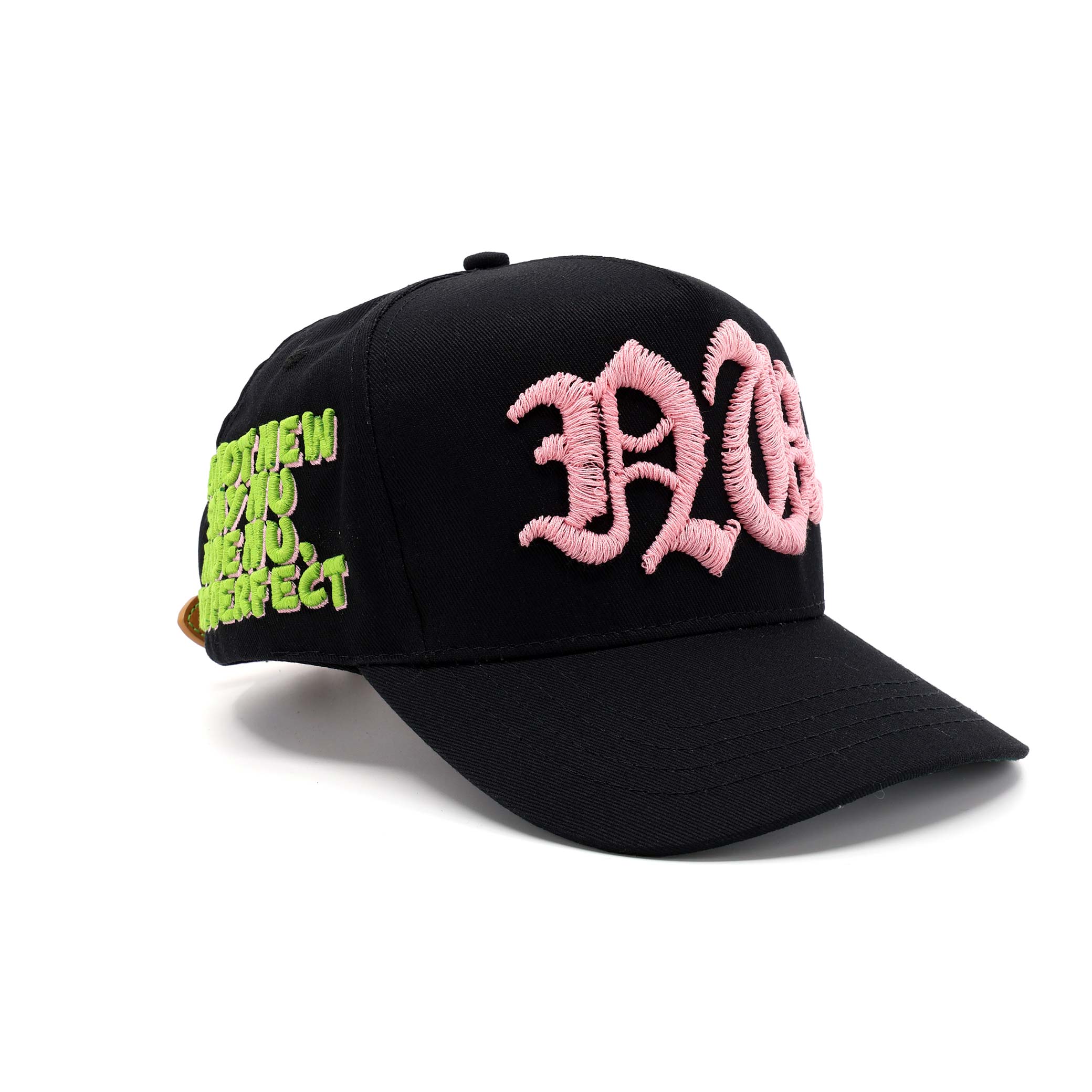 Black cap with pink and green text on a white background