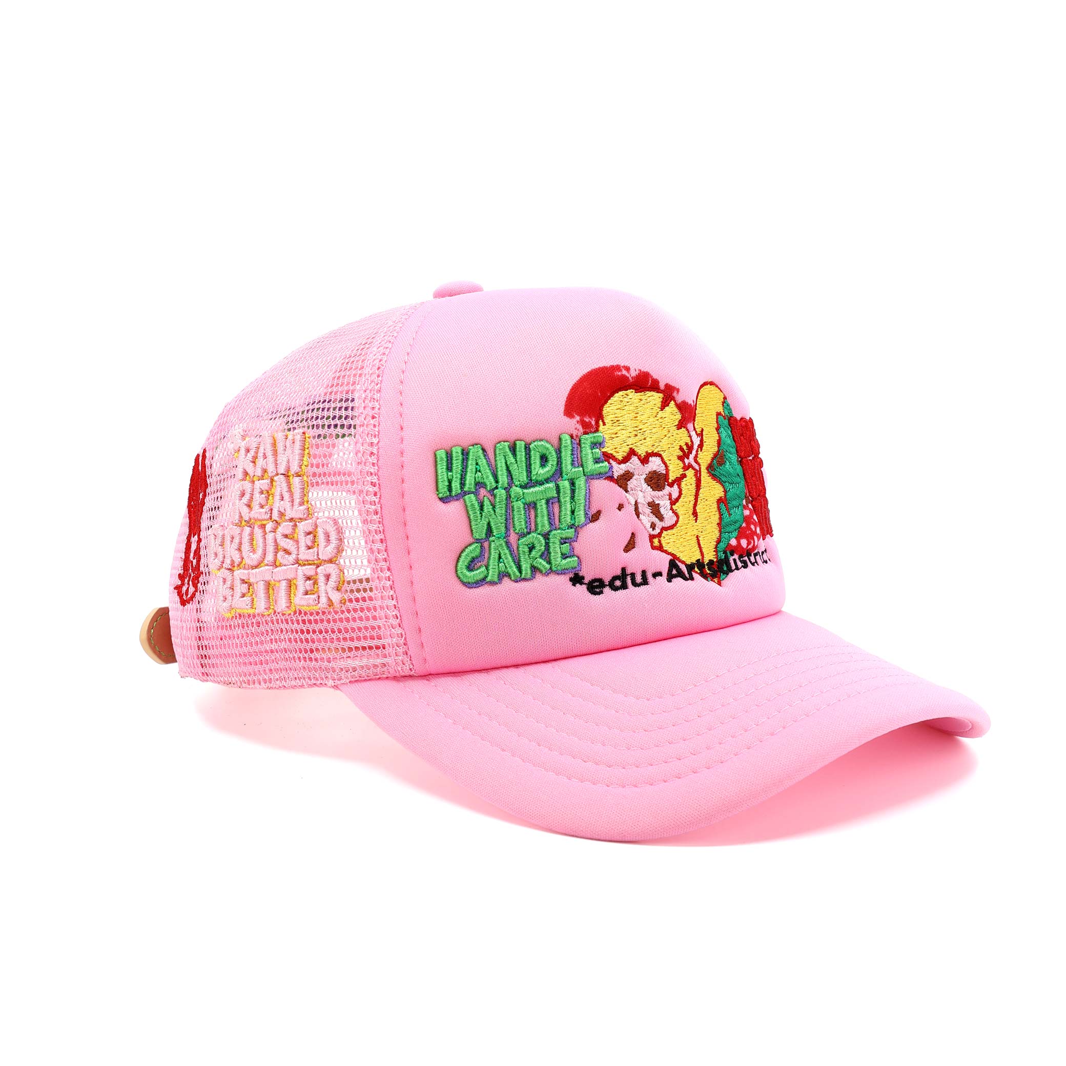 Pink cap with colorful text and graphics on a white background