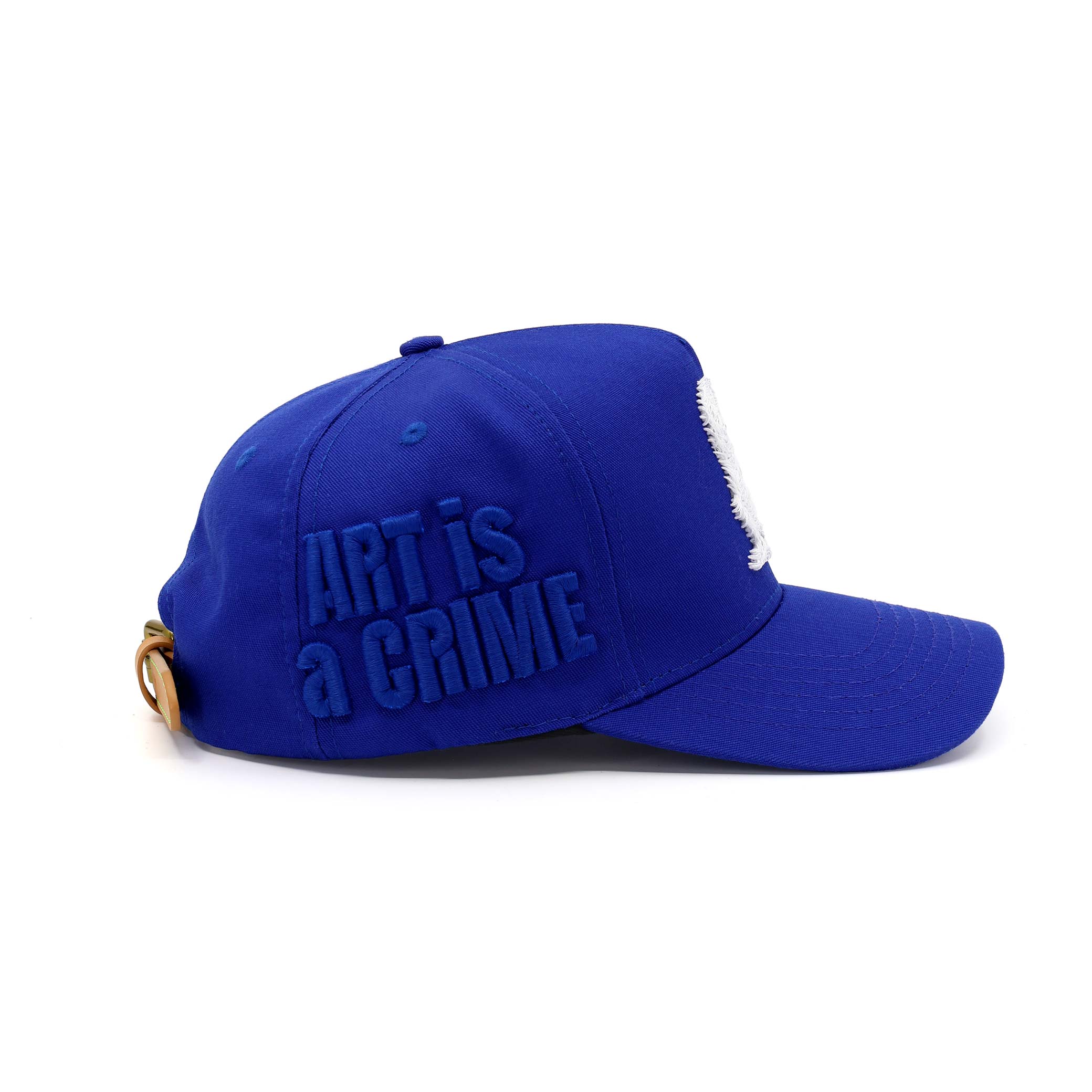 Blue cap with 'Art is a Crime' text on a white background