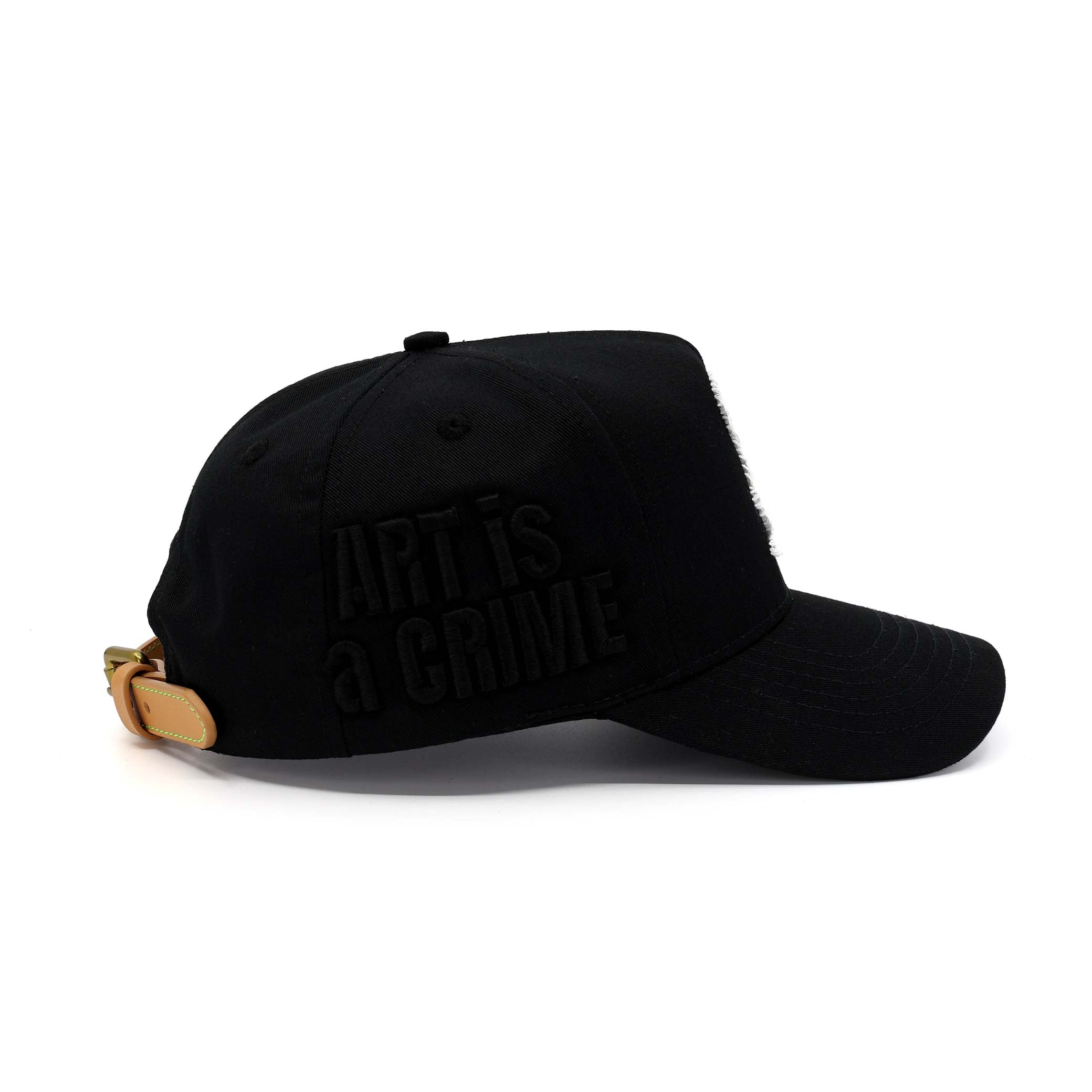 Black cap with 'Art is a Crime' text on a white background