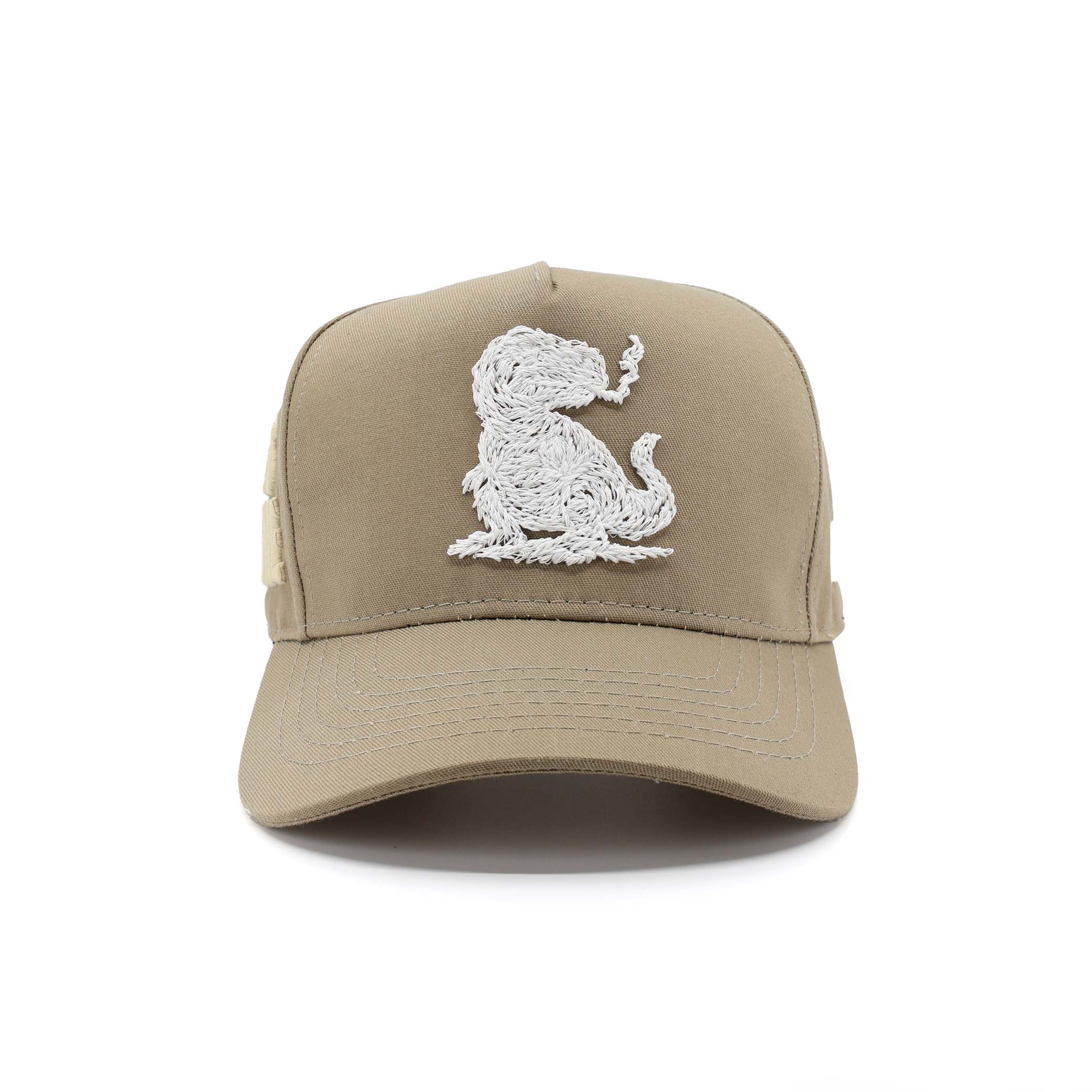 Beige cap with a white embroidered logo on a white background