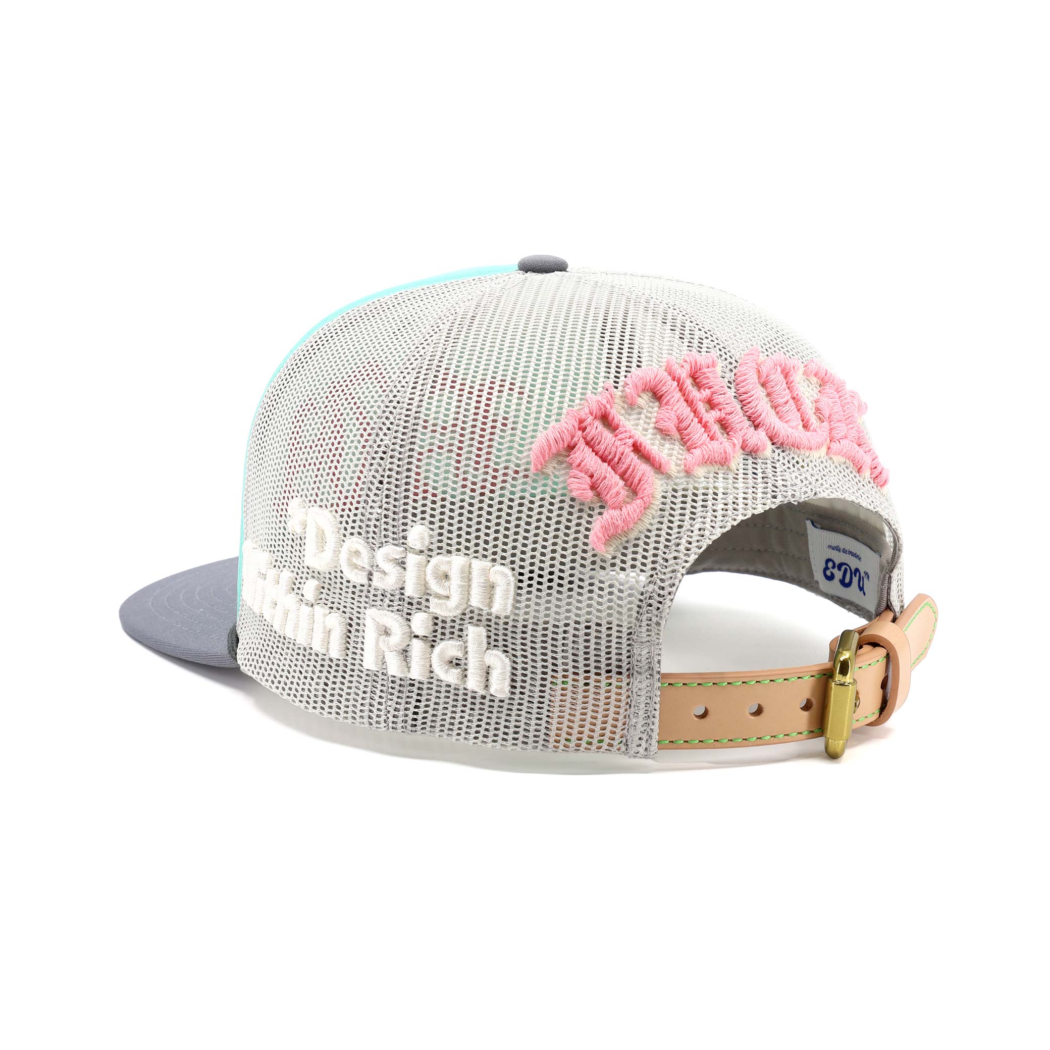 Mesh cap with pink text and gray brim on a white background