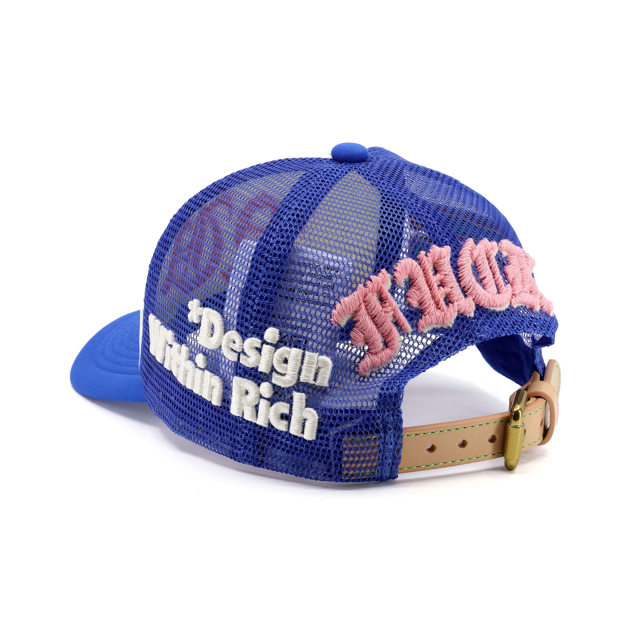 Blue mesh cap with pink and white text on a white background