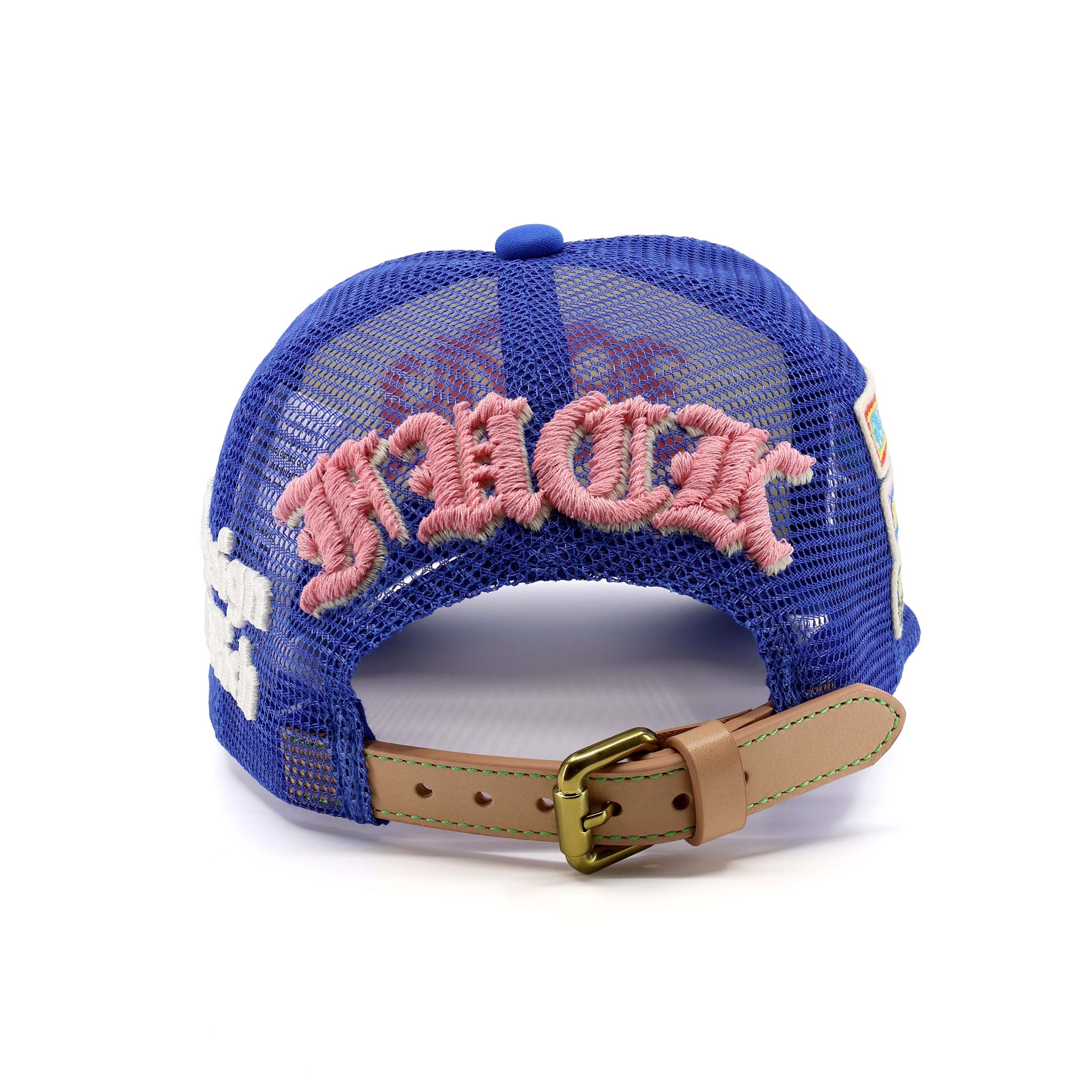 Blue mesh cap with pink text and a brown strap on a white background