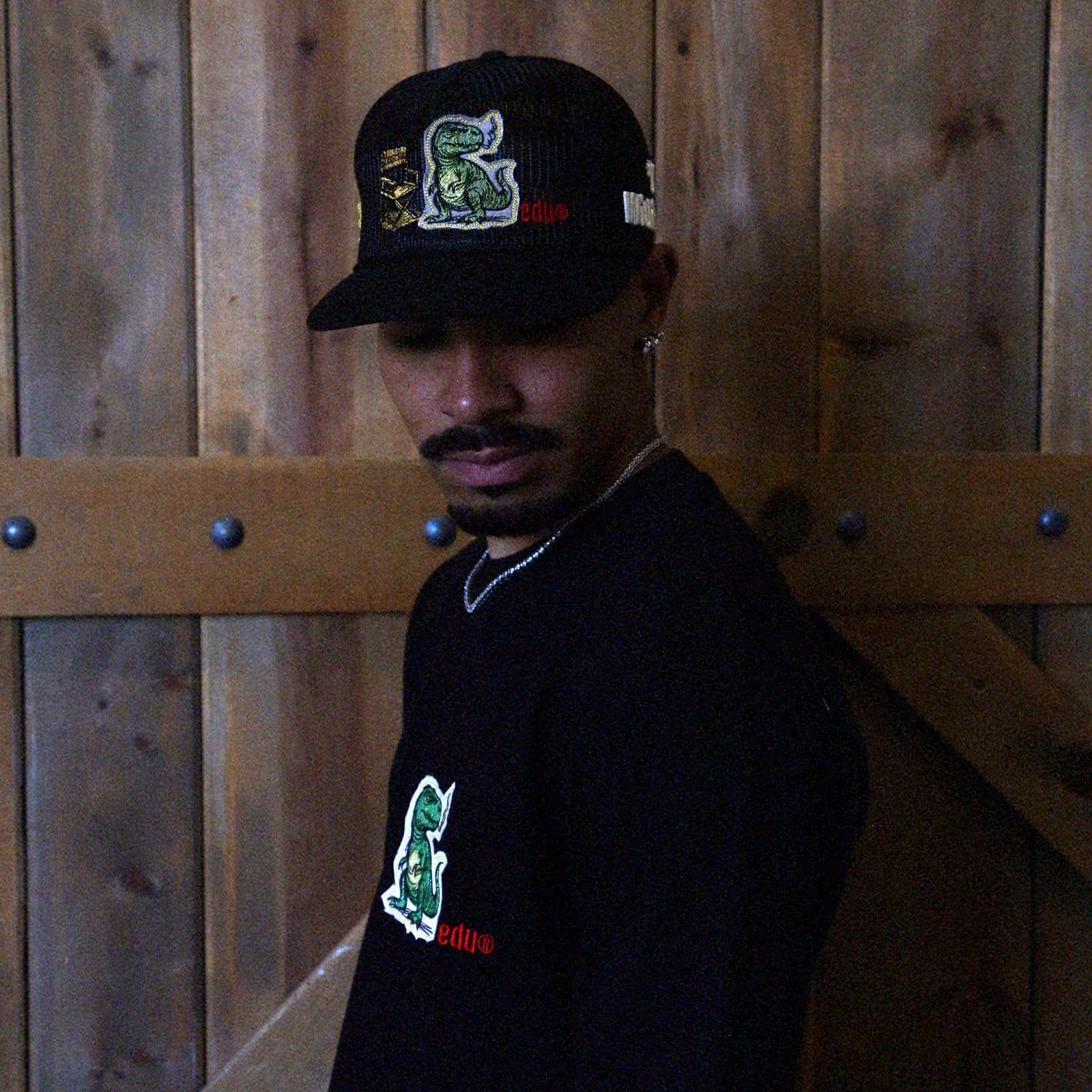 Baseball cap with dinosaur and chair design.