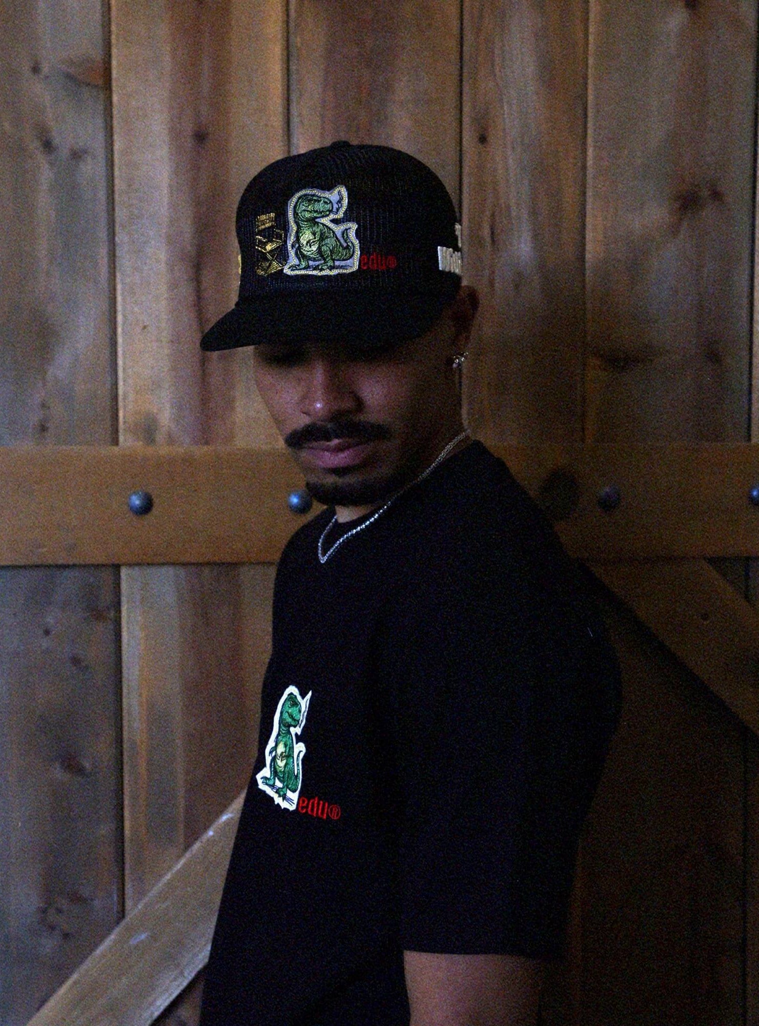 Baseball cap with dinosaur and chair design.