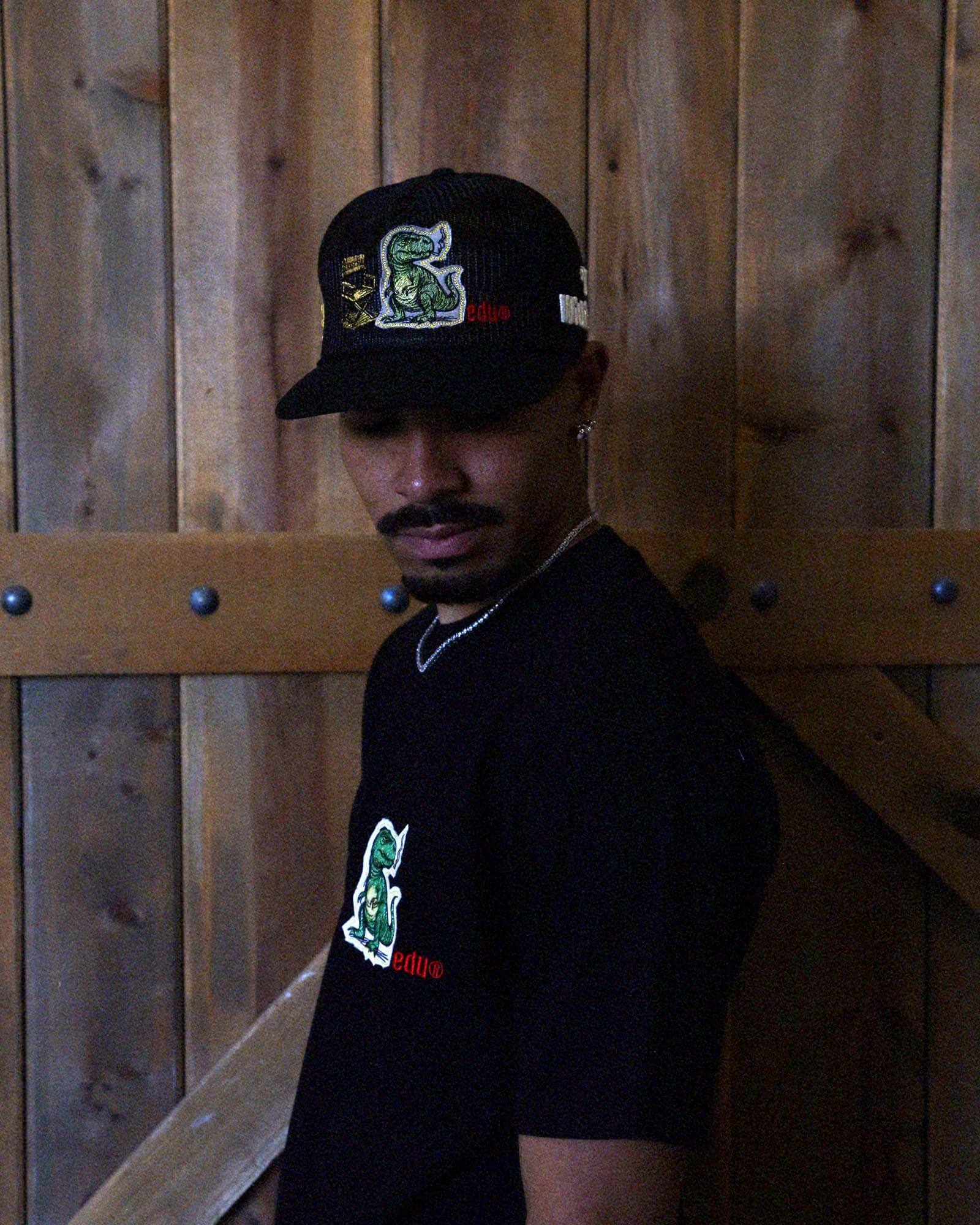 Baseball cap with dinosaur and chair design.