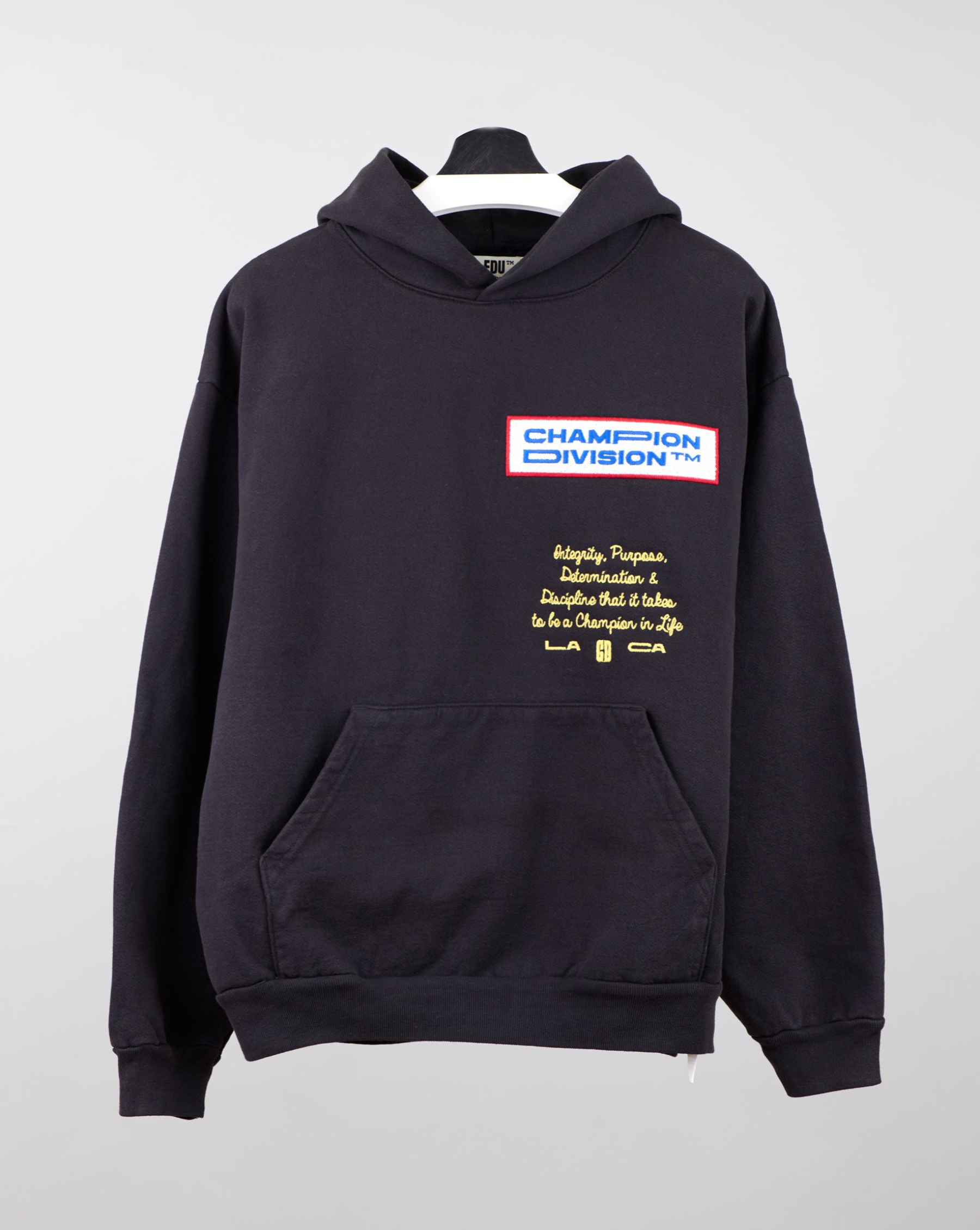 Black hoodie with colorful text design.
