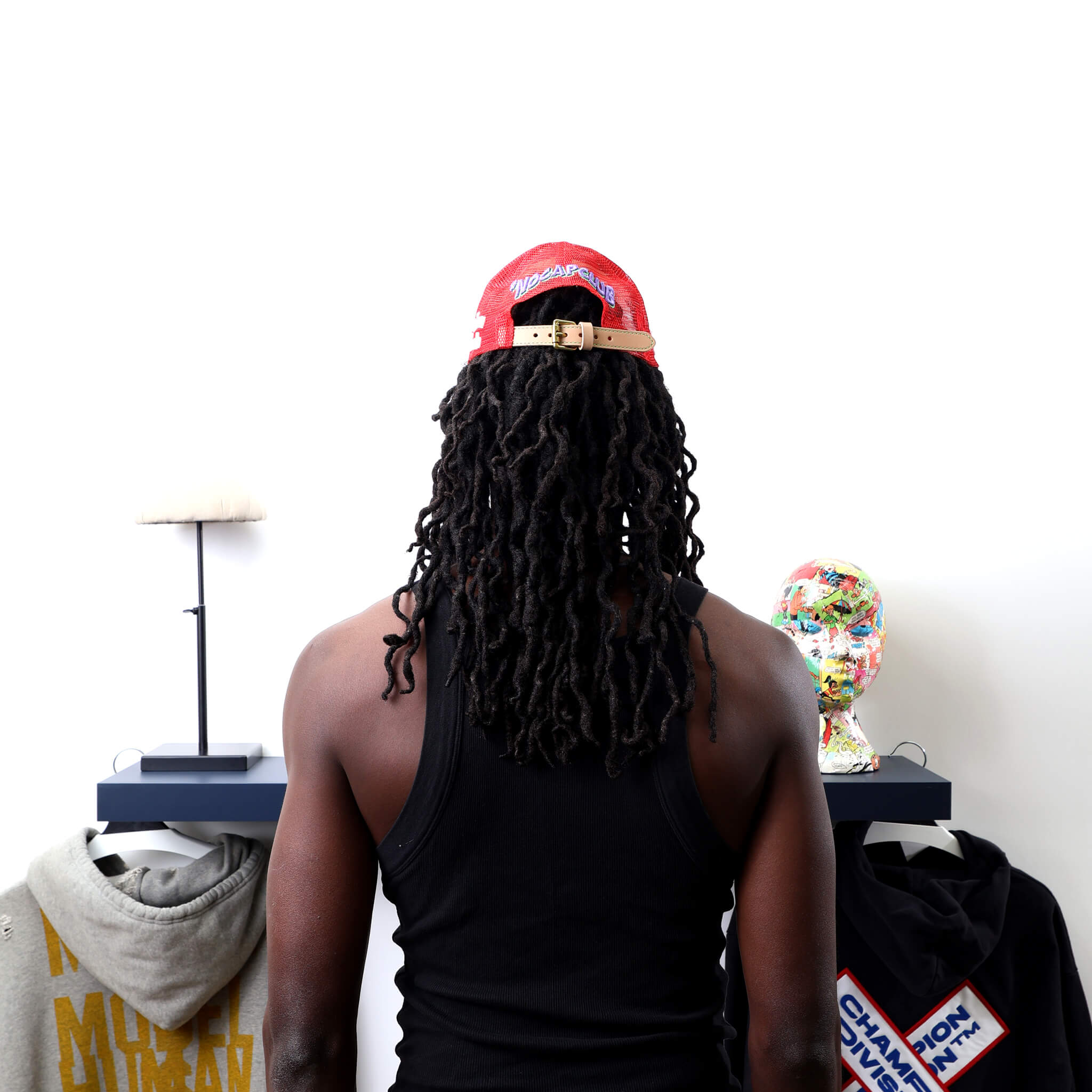 Broken Red Trucker Hat worn by male model -Back View