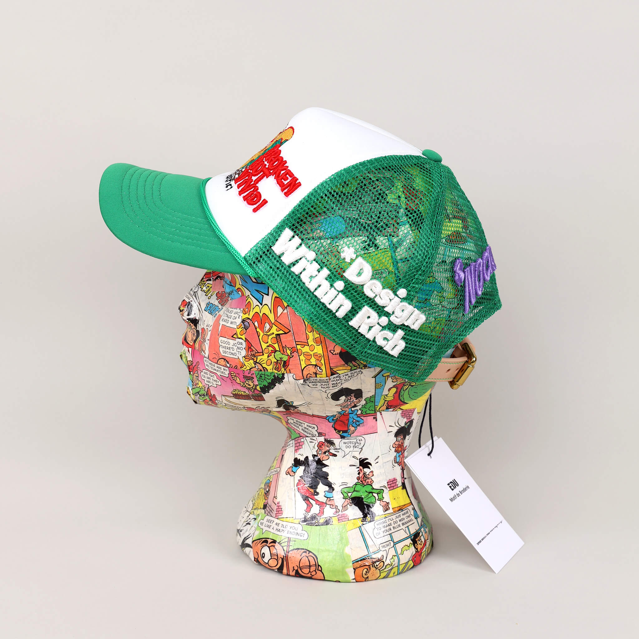 Broken Green Trucker Hat on Mannequin - Side View