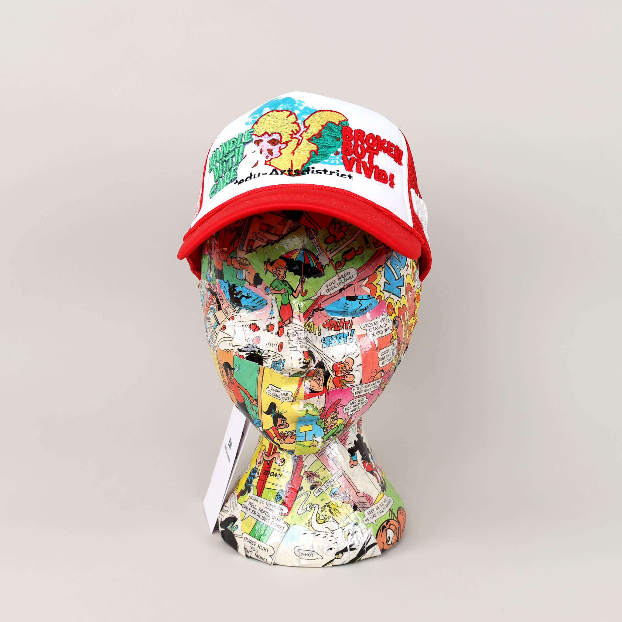 Broken Red Trucker Hat on Mannequin - Front View