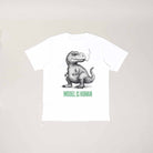White T-shirt with dinosaur illustration and text.