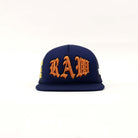 Blue cap with "RAW" in orange embroidery.