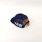 Blue mesh cap with orange and white text.