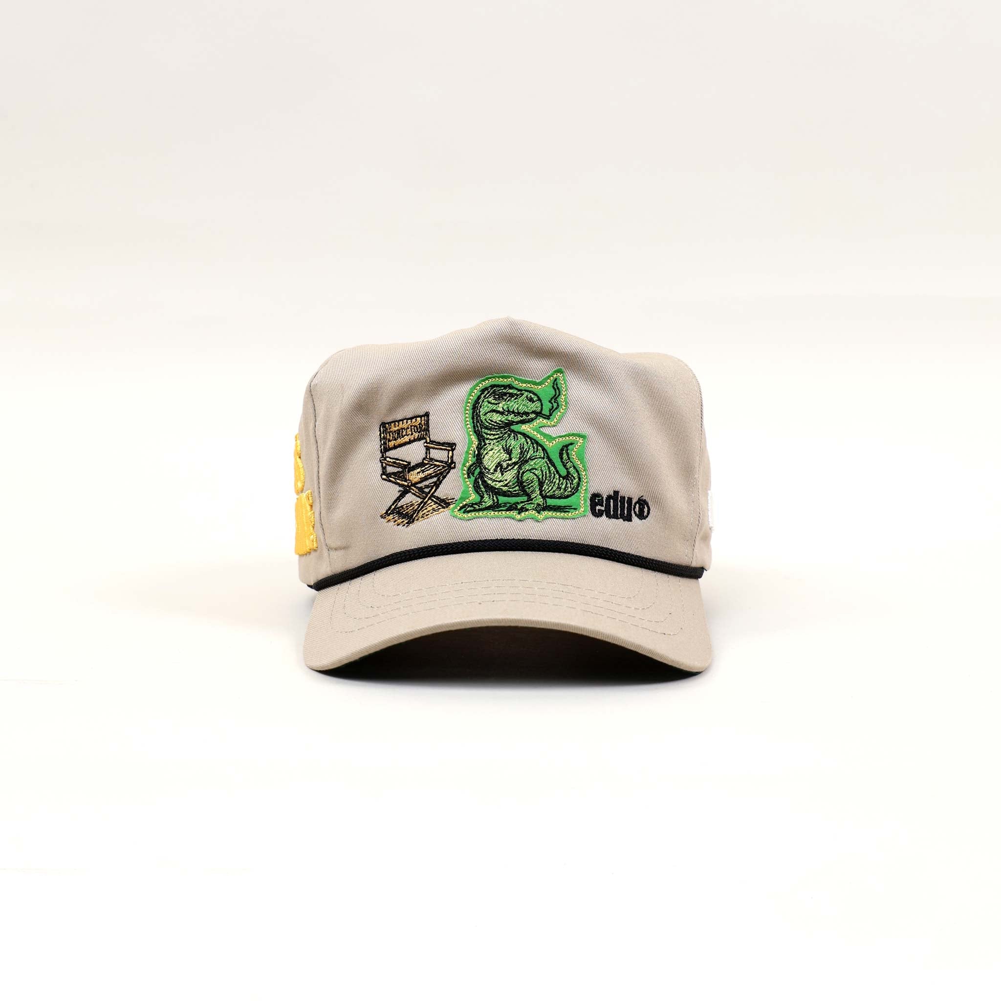 Gray cap with green crocodile and director's chair.