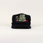 Black cap with dinosaur and educational graphics.