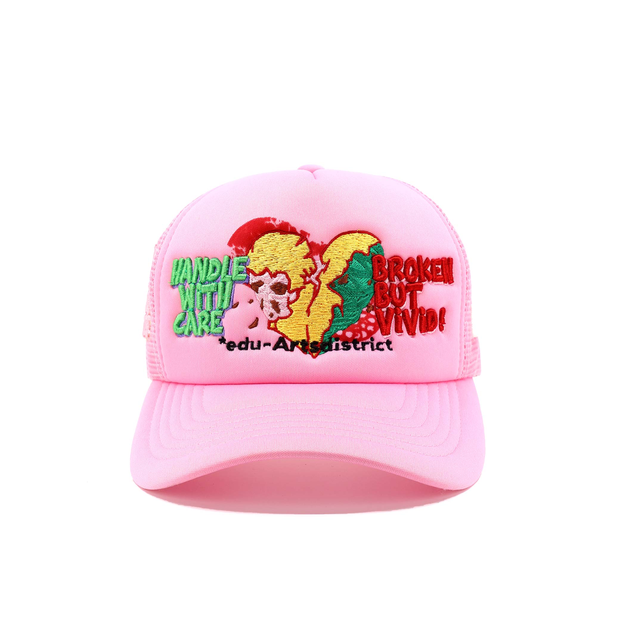 Pink cap with colorful graphics and text on a white background