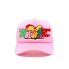 Pink cap with colorful graphics and text on a white background