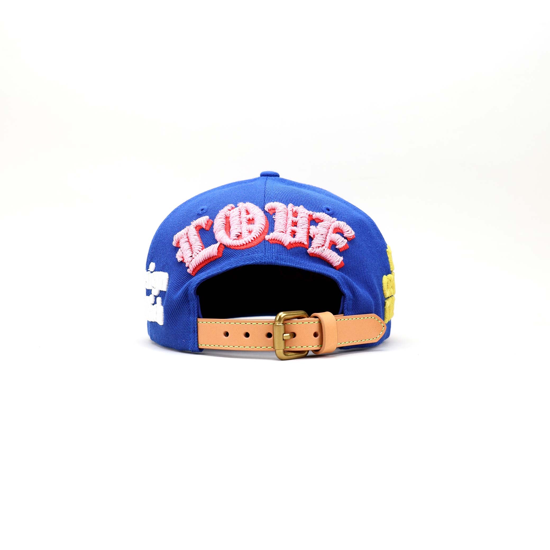 Blue cap, flat bill with embroidered text, colorful Graphic.
