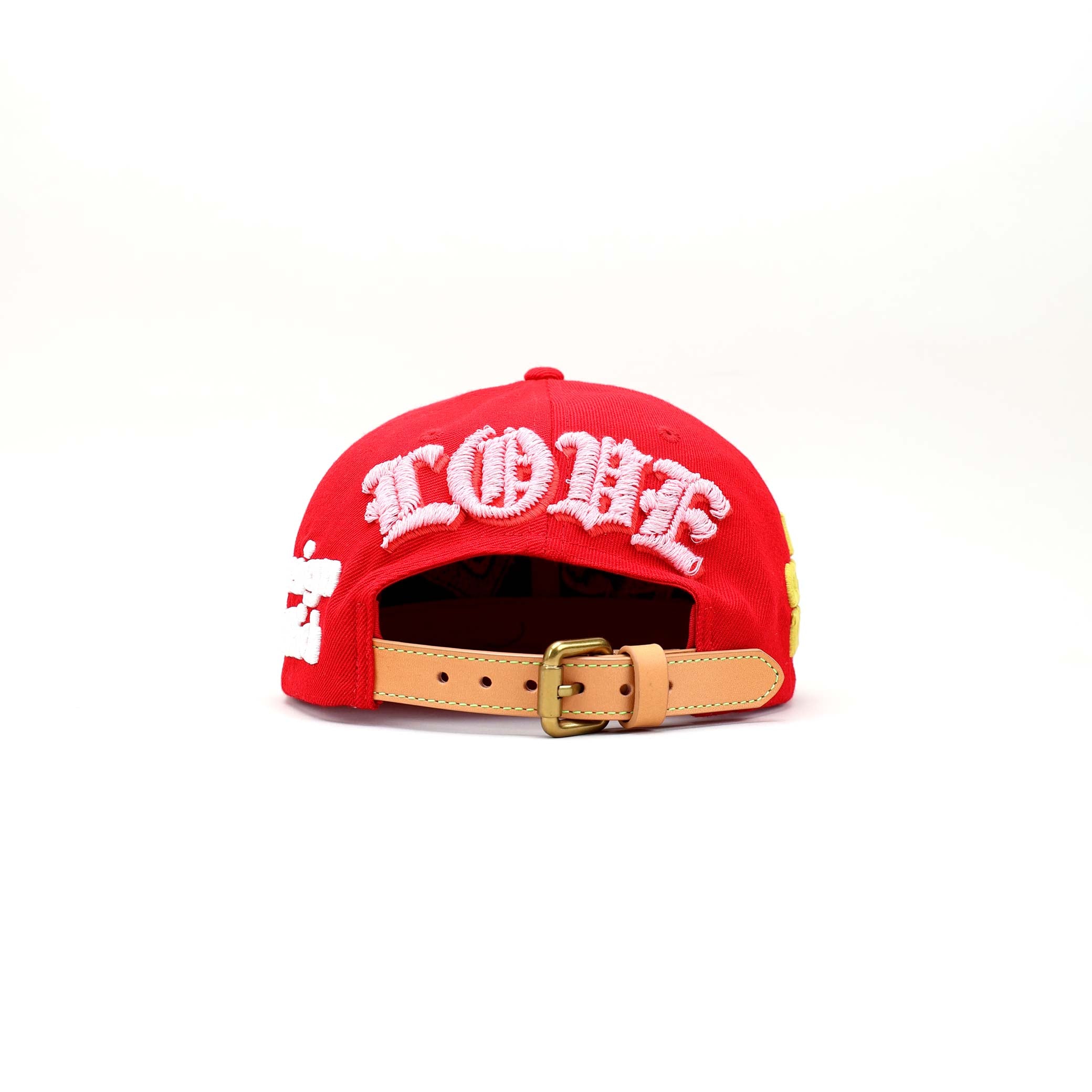 Red cap with leather strap