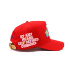 Red cap with text and decorative elements on a white background