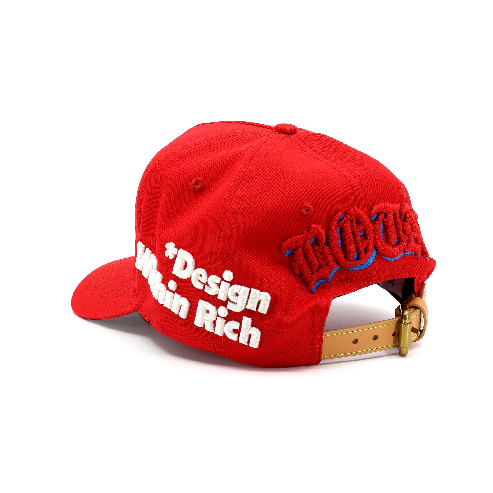 Red cap with text and a gold buckle on a white background