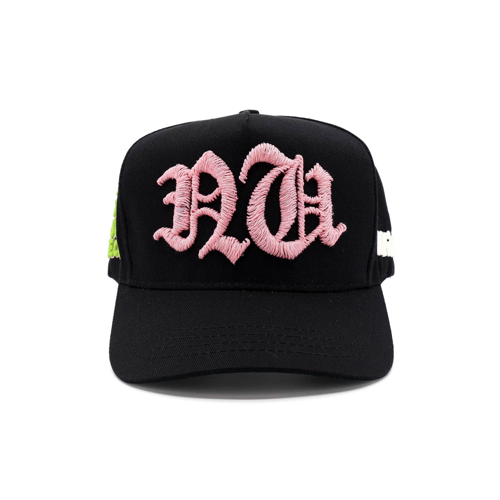 Black cap with pink logo on a white background
