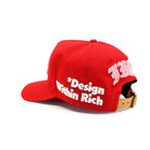 Red cap with white text on a white background