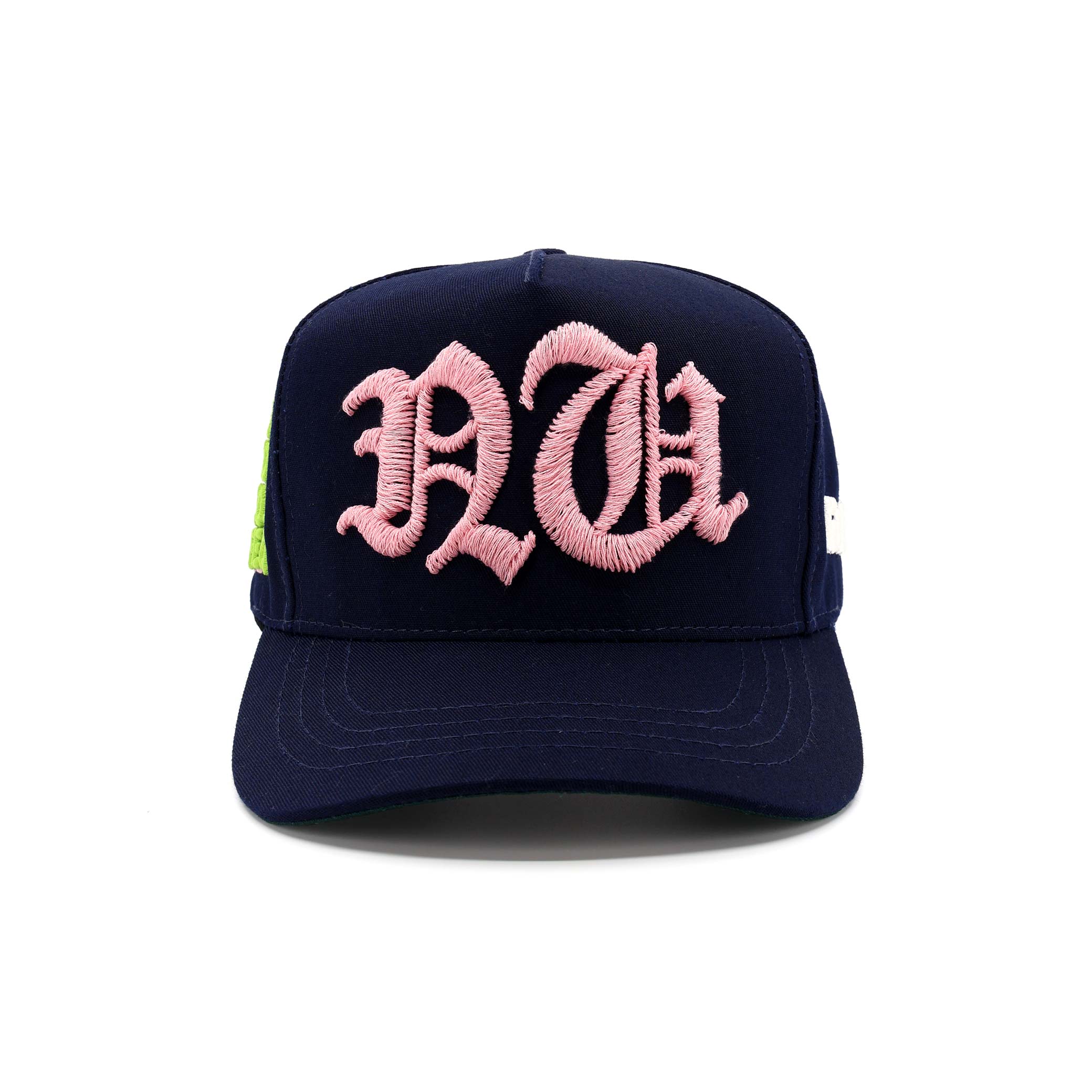 Navy blue cap with pink 'RCA' embroidery on a white background
