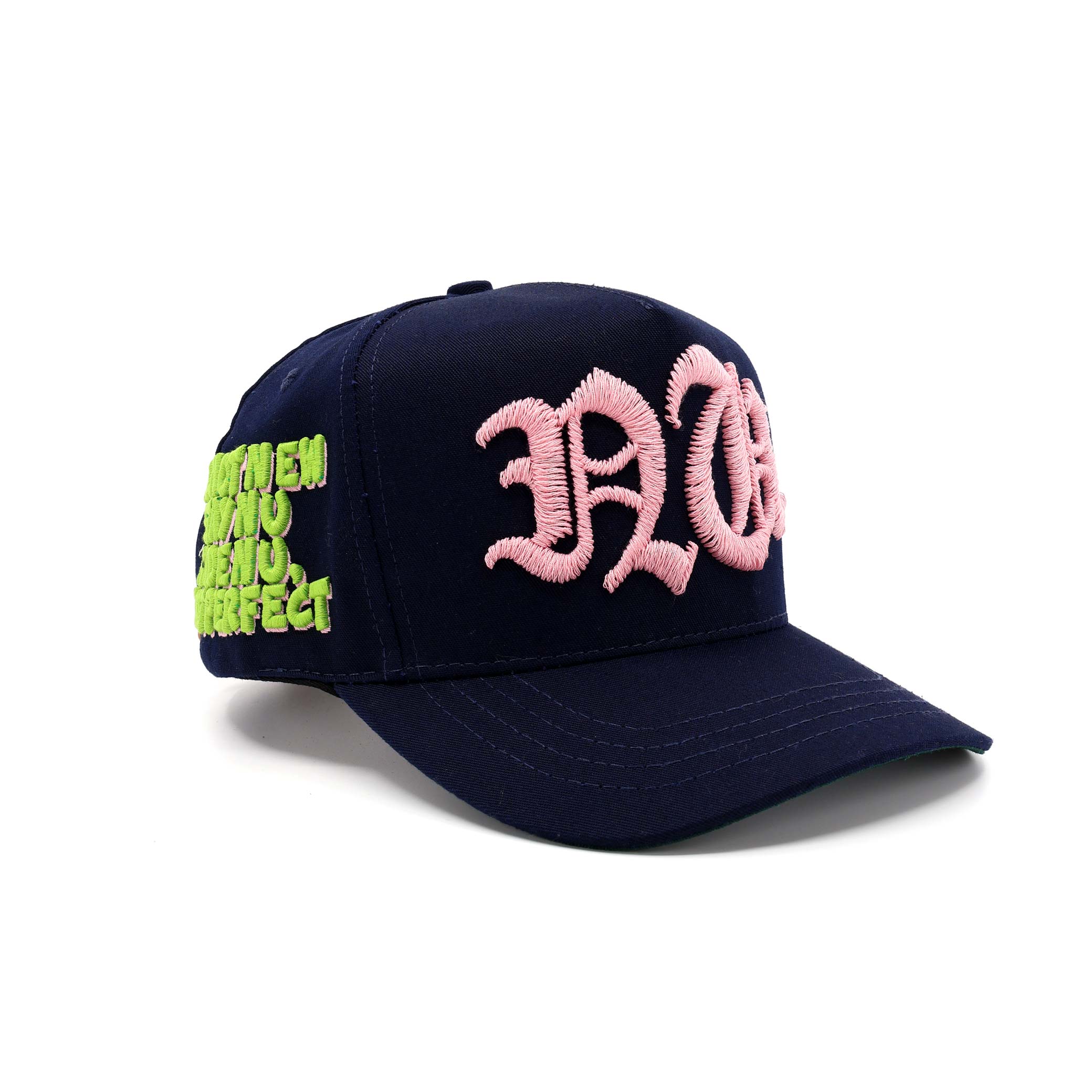Navy blue cap with pink and green text on a white background