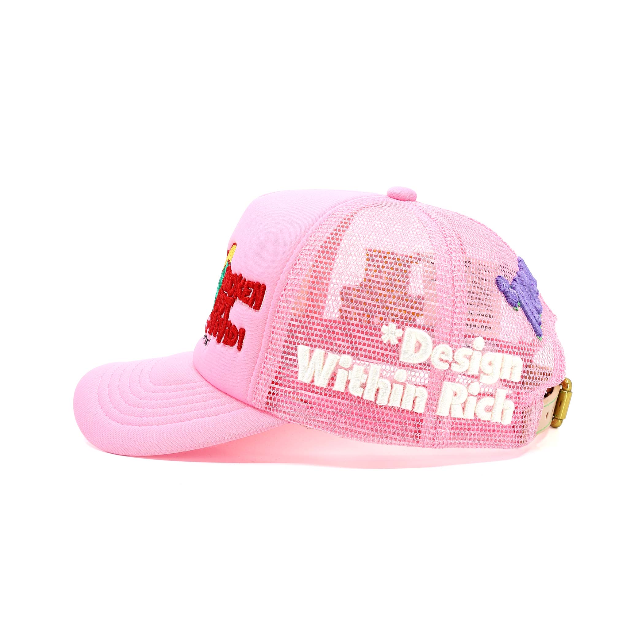 Pink mesh cap with colorful text and graphics on a white background