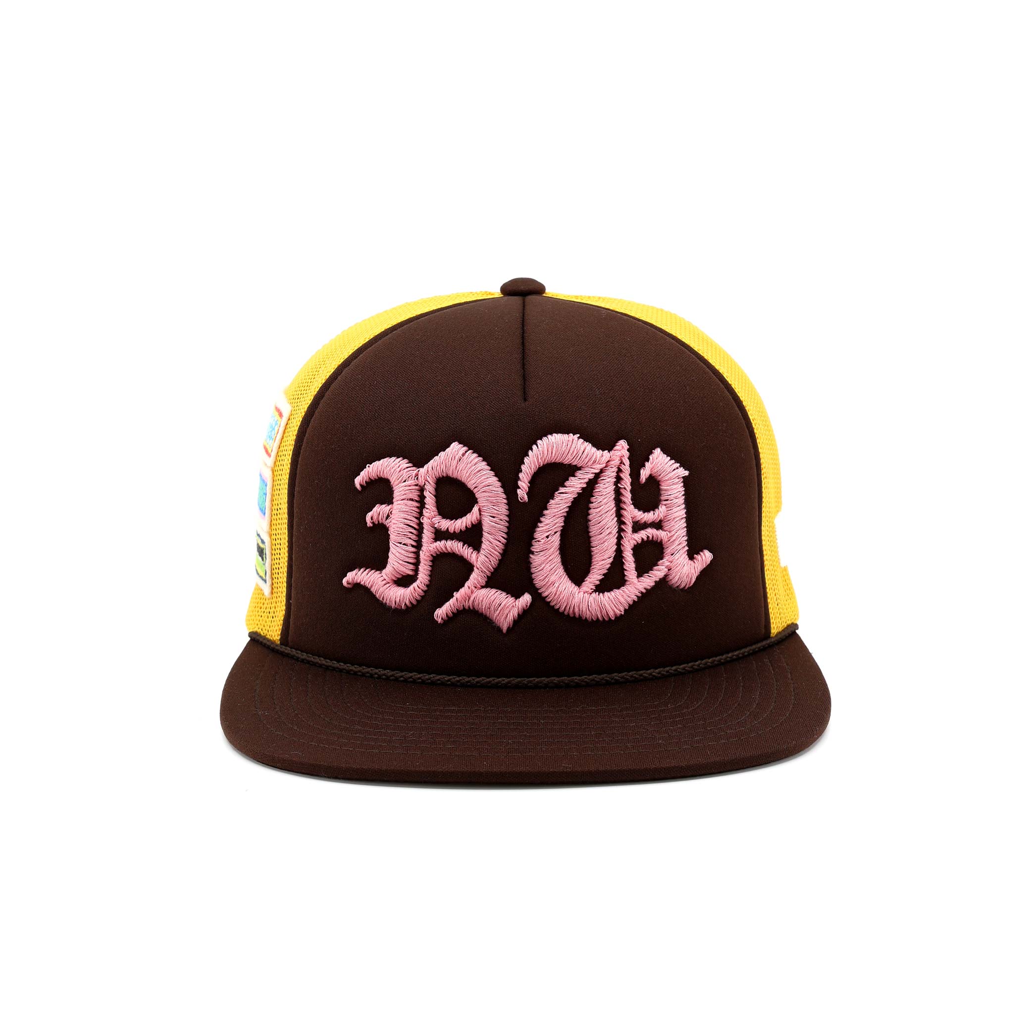 Brown and yellow cap with pink 'DVA' logo on a white background