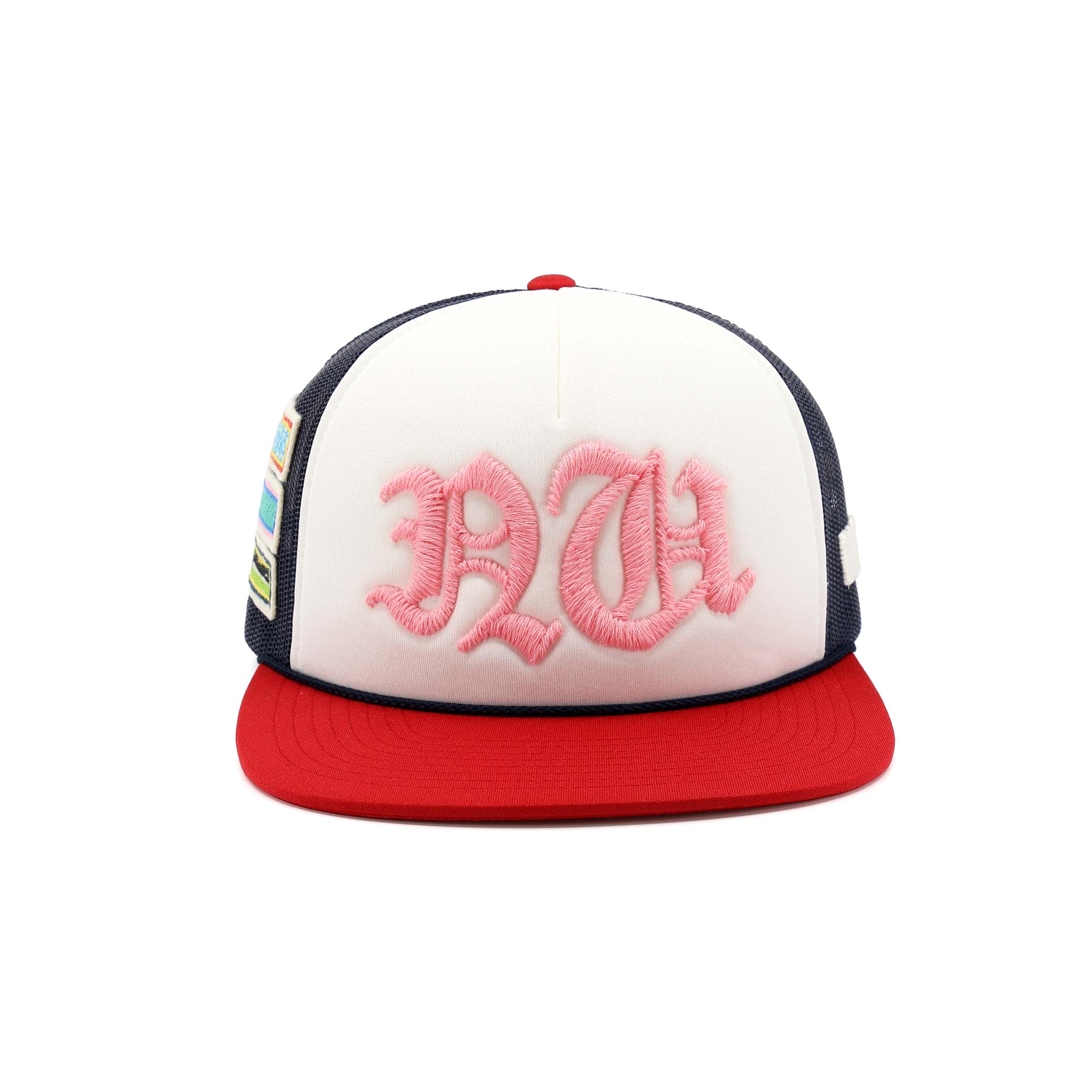 Trucker hat with pink monogram on a white background
