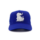 Blue cap with a white embroidered dog design on a white background