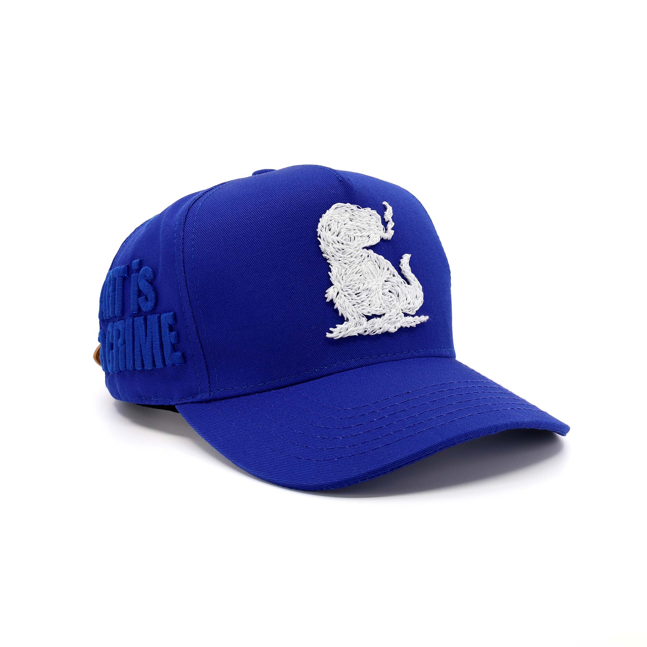 Blue cap with white graphic and text on a white background