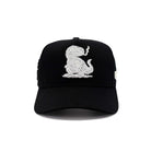 Black cap with white embroidered dog design on a white background