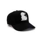 Black cap with white embroidered design on a white background