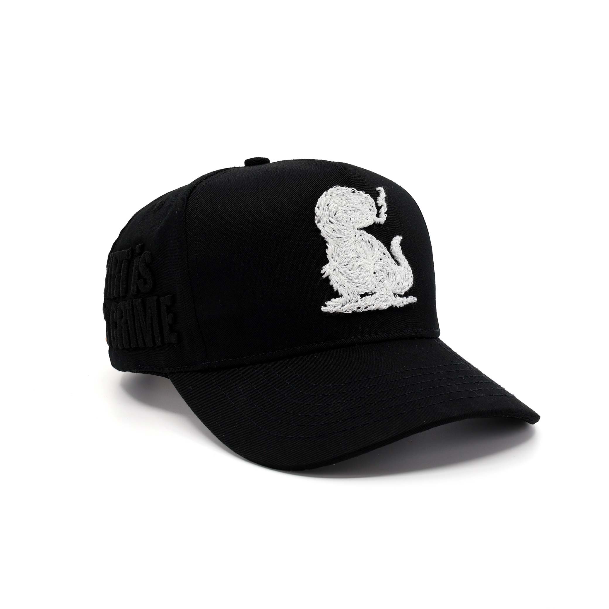 Black cap with white embroidered design on a white background