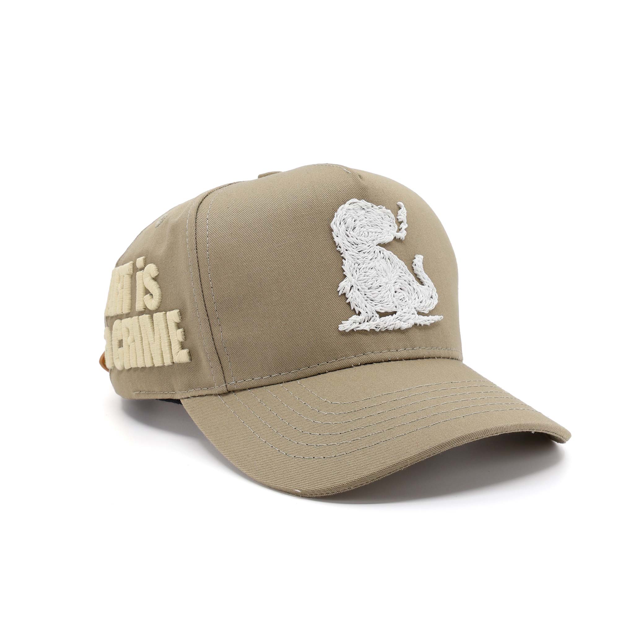 Beige cap with white embroidered design and text on a white background