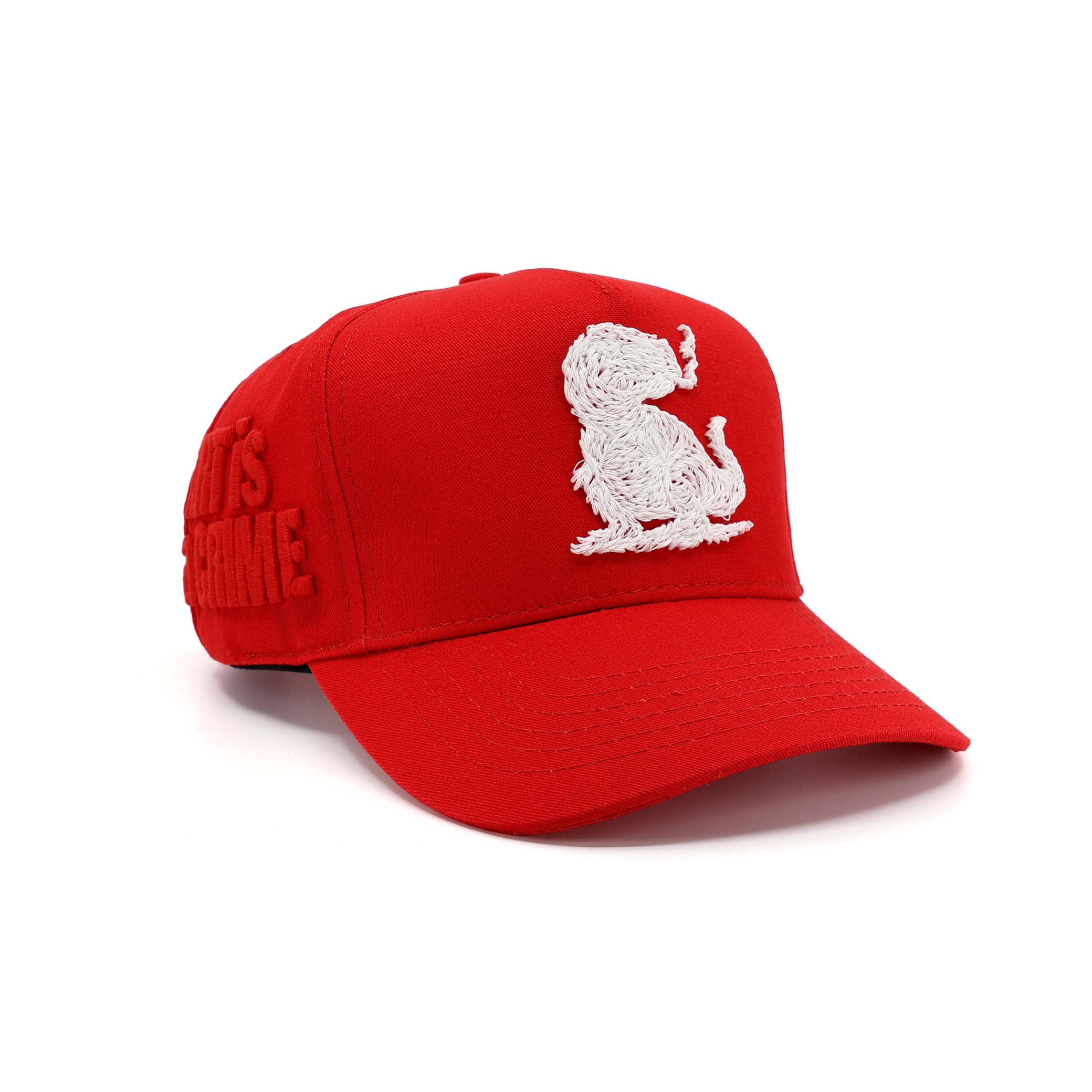 Red cap with white dog logo and text on a white background