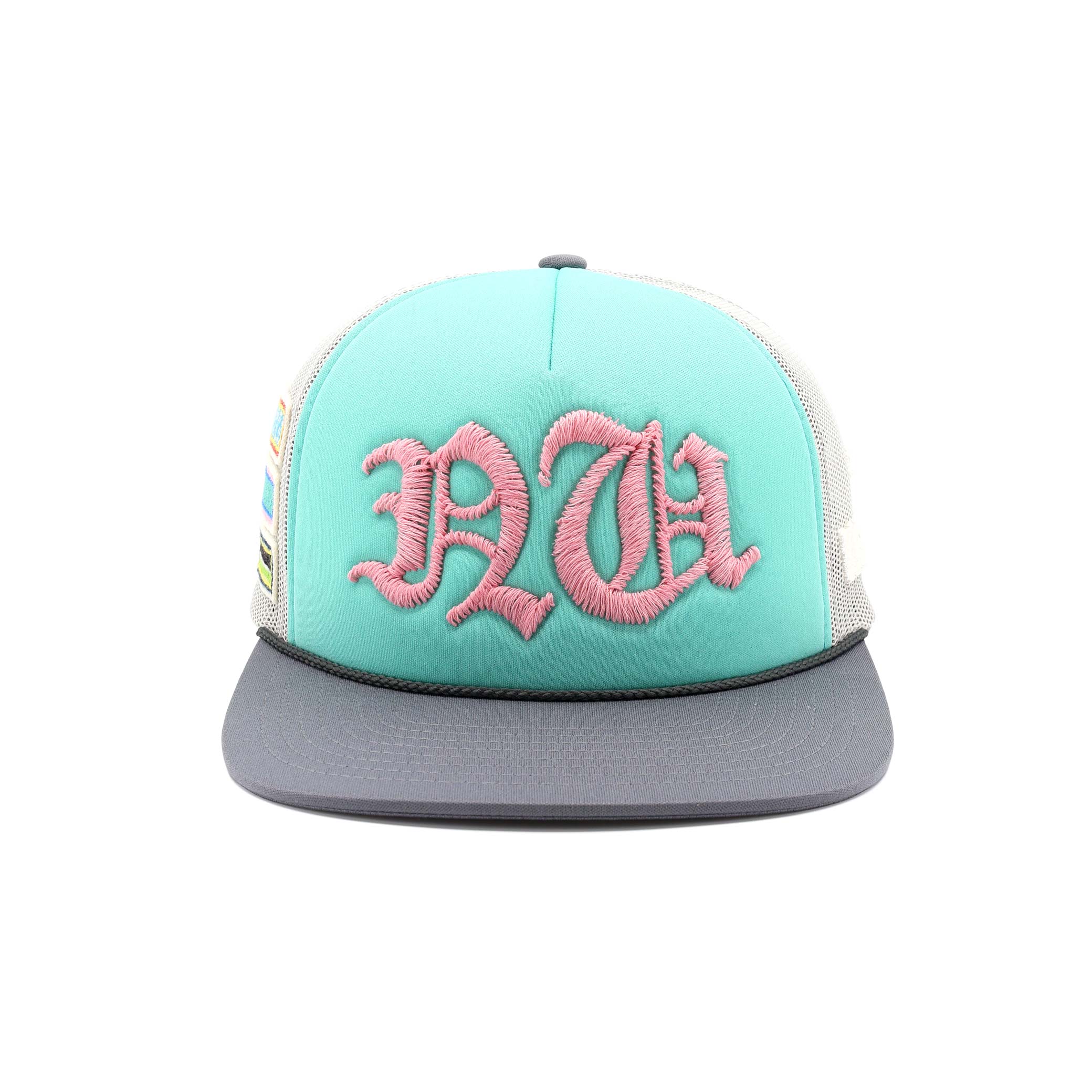 Trucker hat with pink monogram on a white background